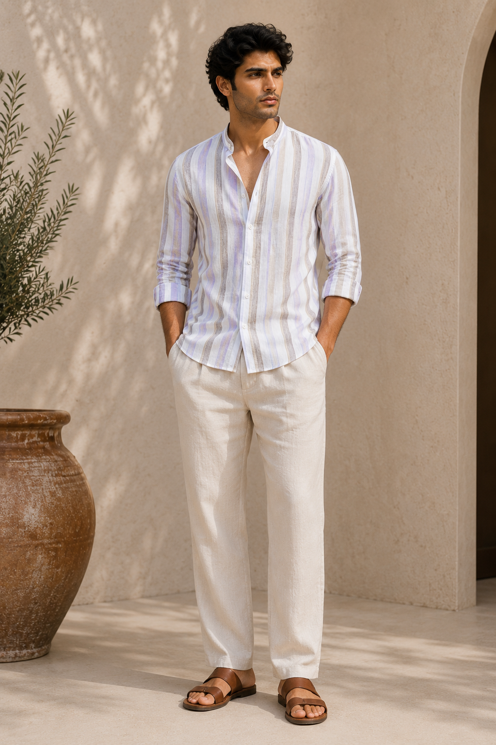 Lavender Coast Pure Linen Shirt - Mandarin Collar