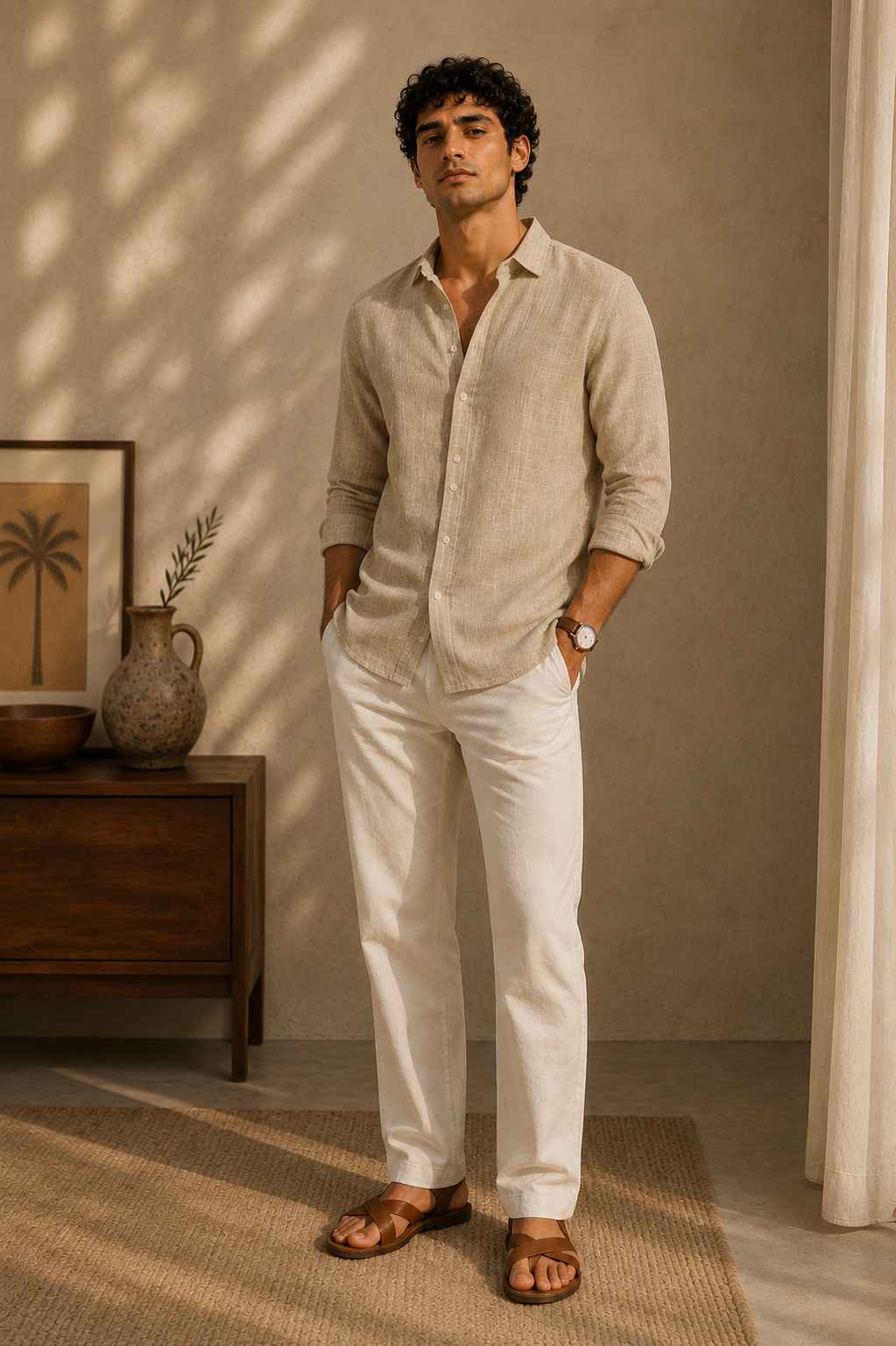 Man wearing a beige shirt and white pants standing in a room with a wooden side table and decorative items.
