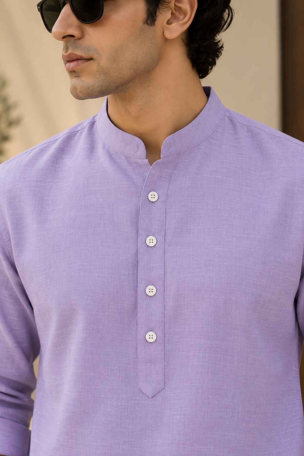 Lilac Linen Blend Kurta Shirt - Mandarin Collar