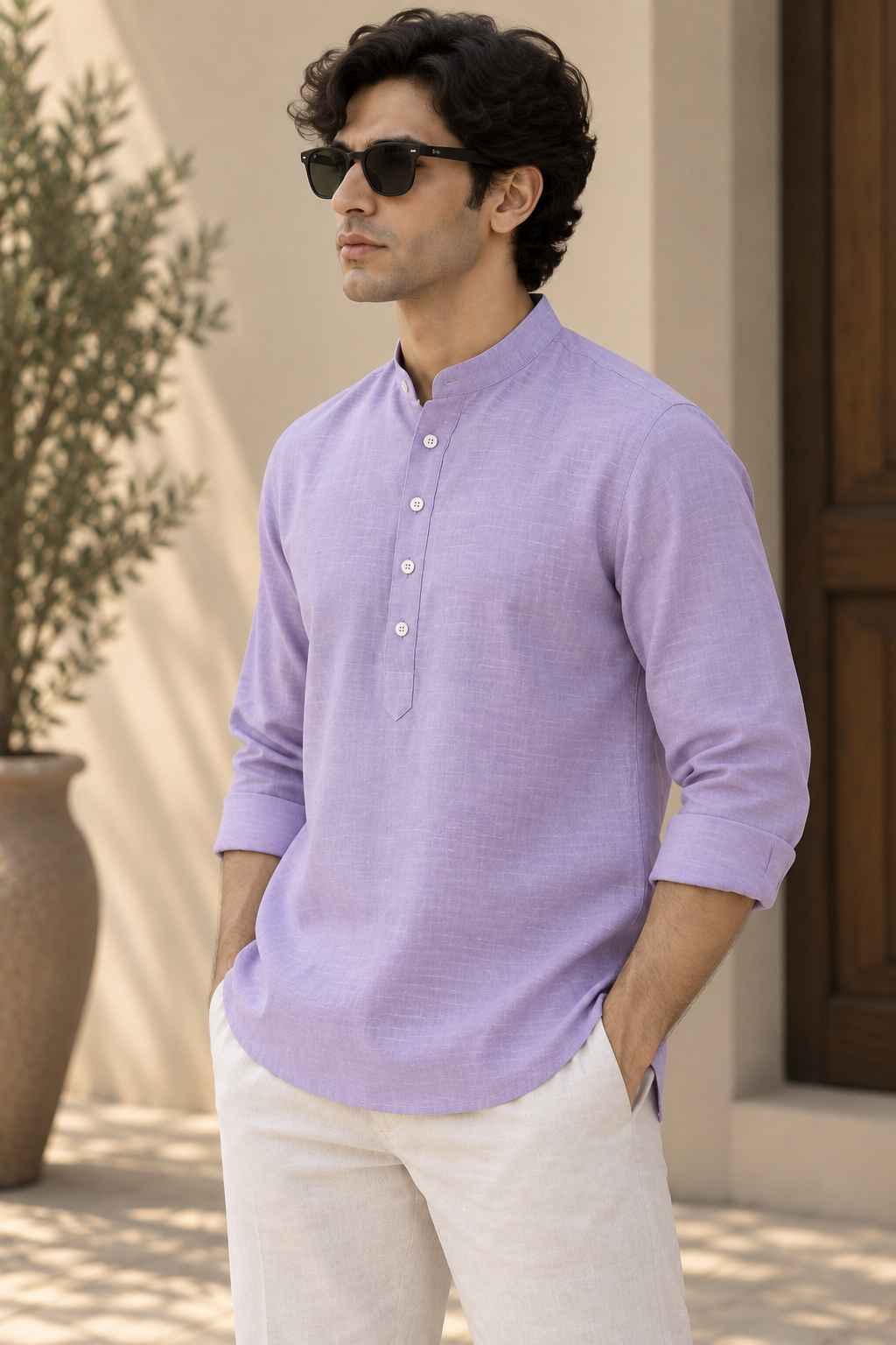 Lilac Linen Blend Kurta Shirt - Mandarin Collar