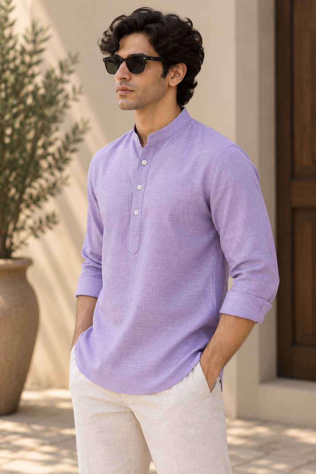 Lilac Linen Blend Kurta Shirt - Mandarin Collar