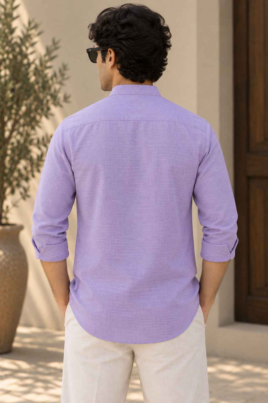 Lilac Linen Blend Kurta Shirt - Mandarin Collar