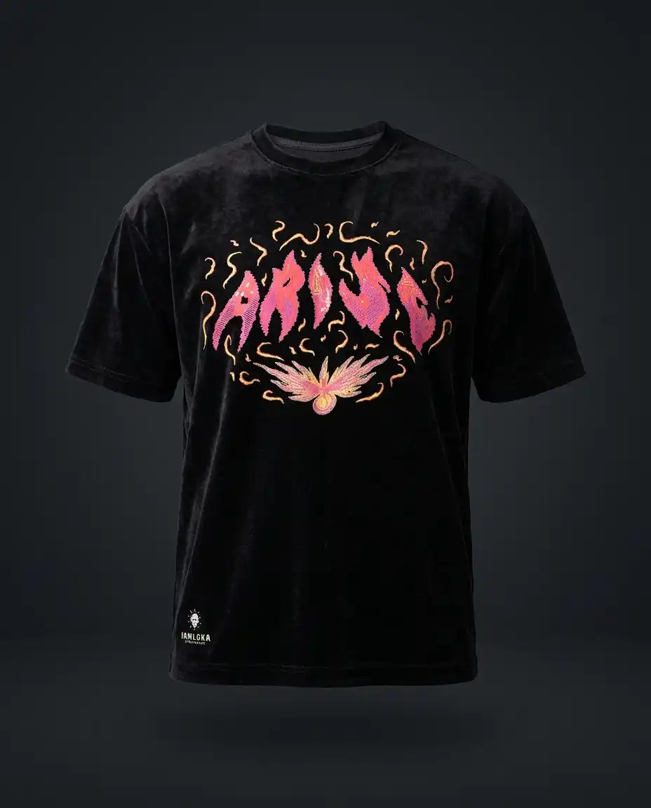 Black t-shirt with pink and yellow graphic design on a dark background