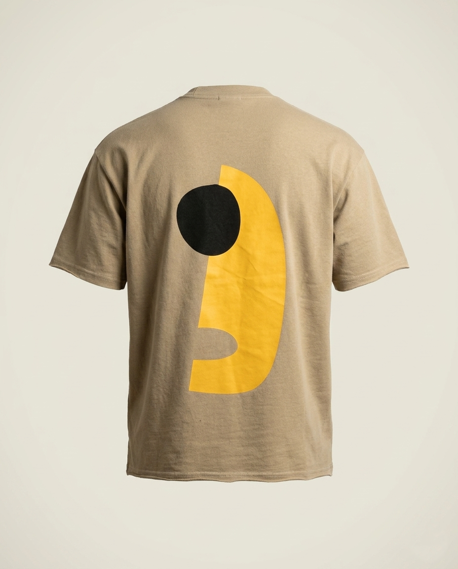 Beige t-shirt with a black and yellow graphic on the back against a beige background