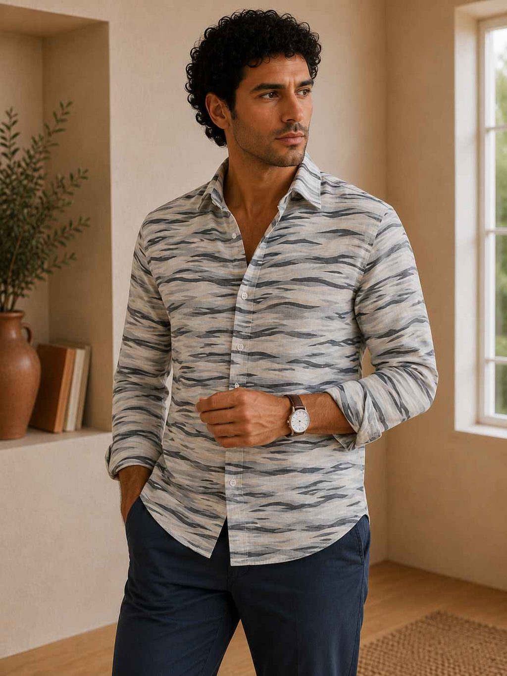 Man wearing a patterned shirt and dark pants indoors