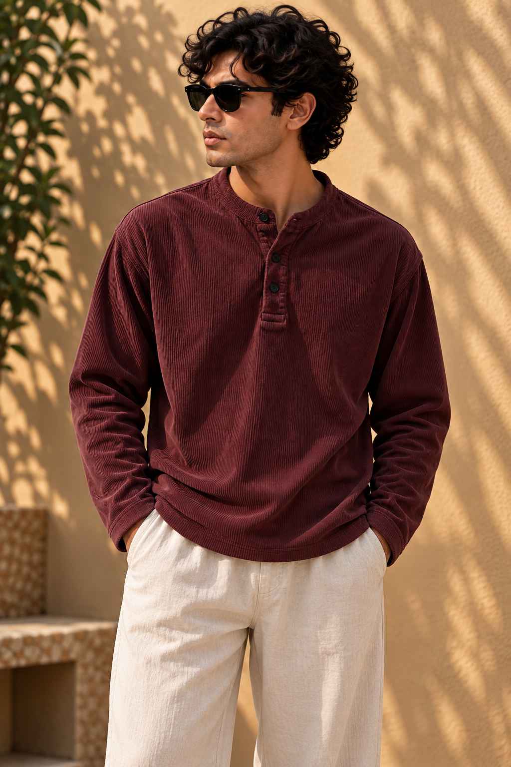 Merlot Henley T-Shirt - Textured Cotton