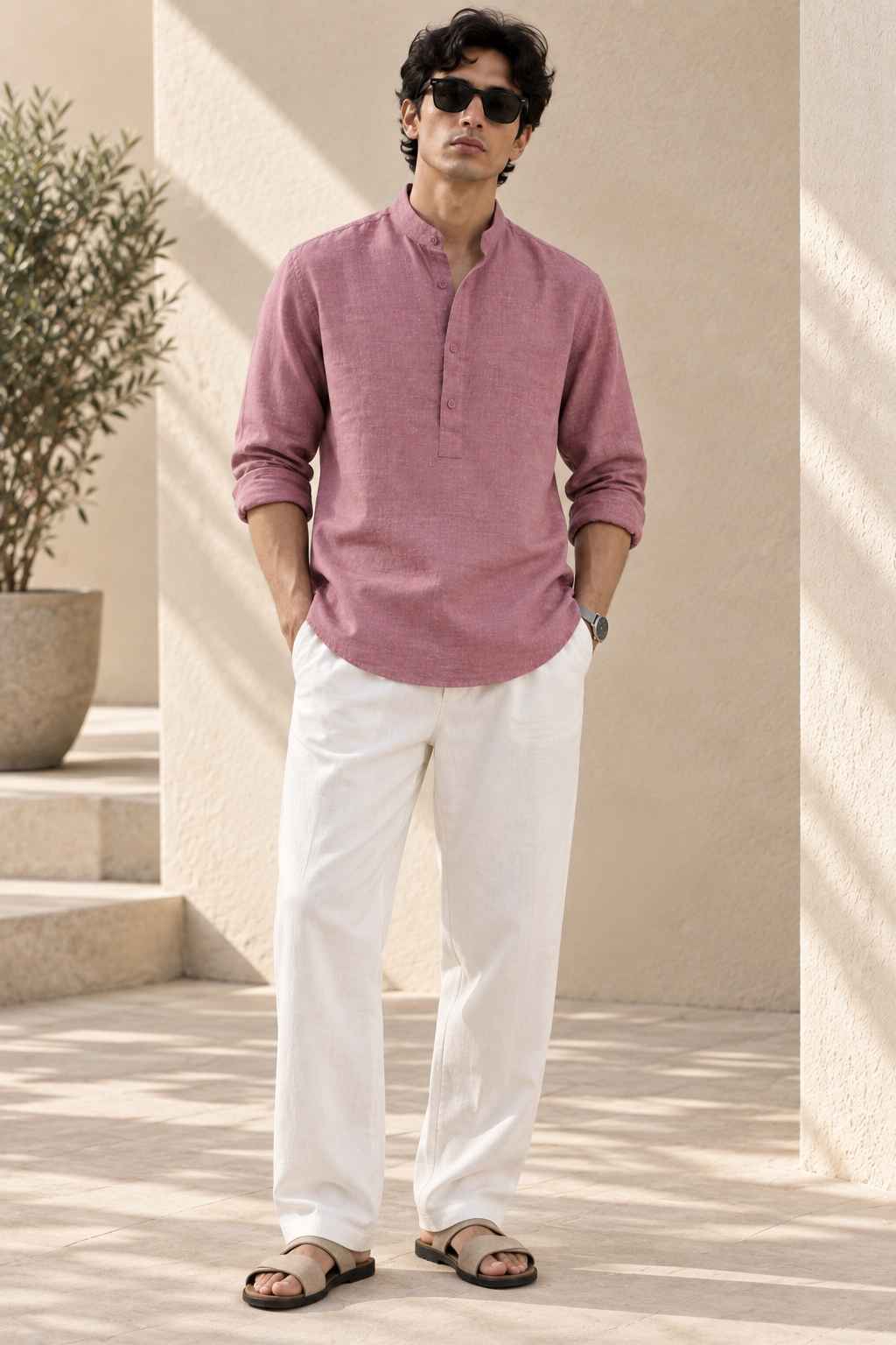 Mauve Pink Linen Kurta Shirt - Mandarin Collar