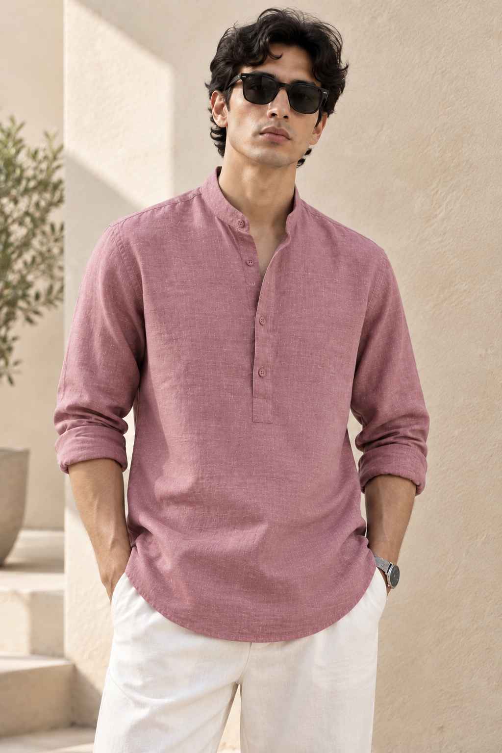 Mauve Pink Linen Kurta Shirt - Mandarin Collar