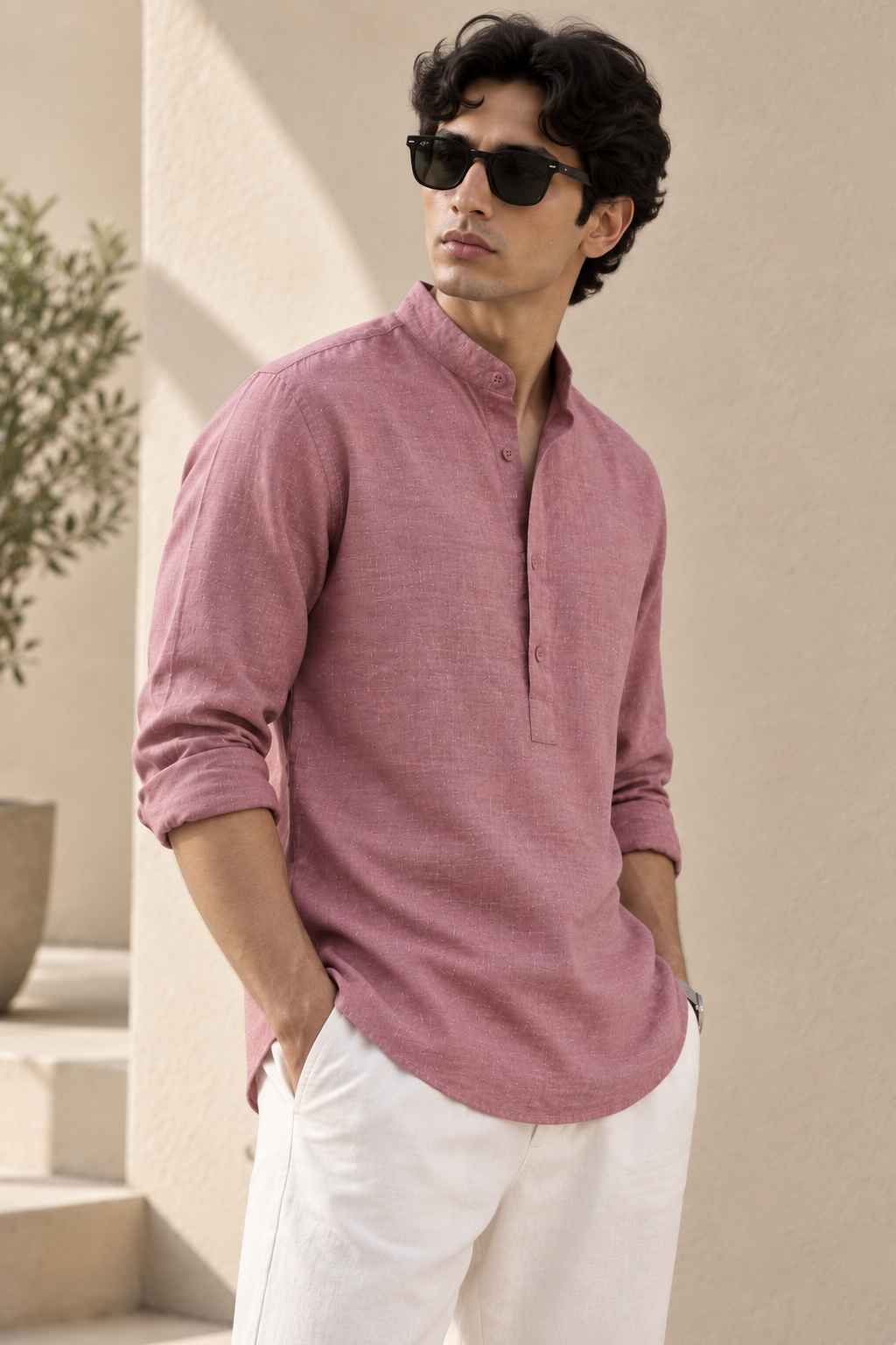 Mauve Pink Linen Kurta Shirt - Mandarin Collar