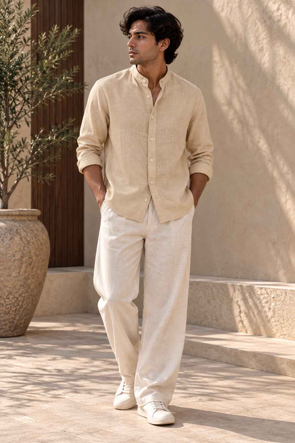 Camel Pure Linen Shirt - Mandarin Collar