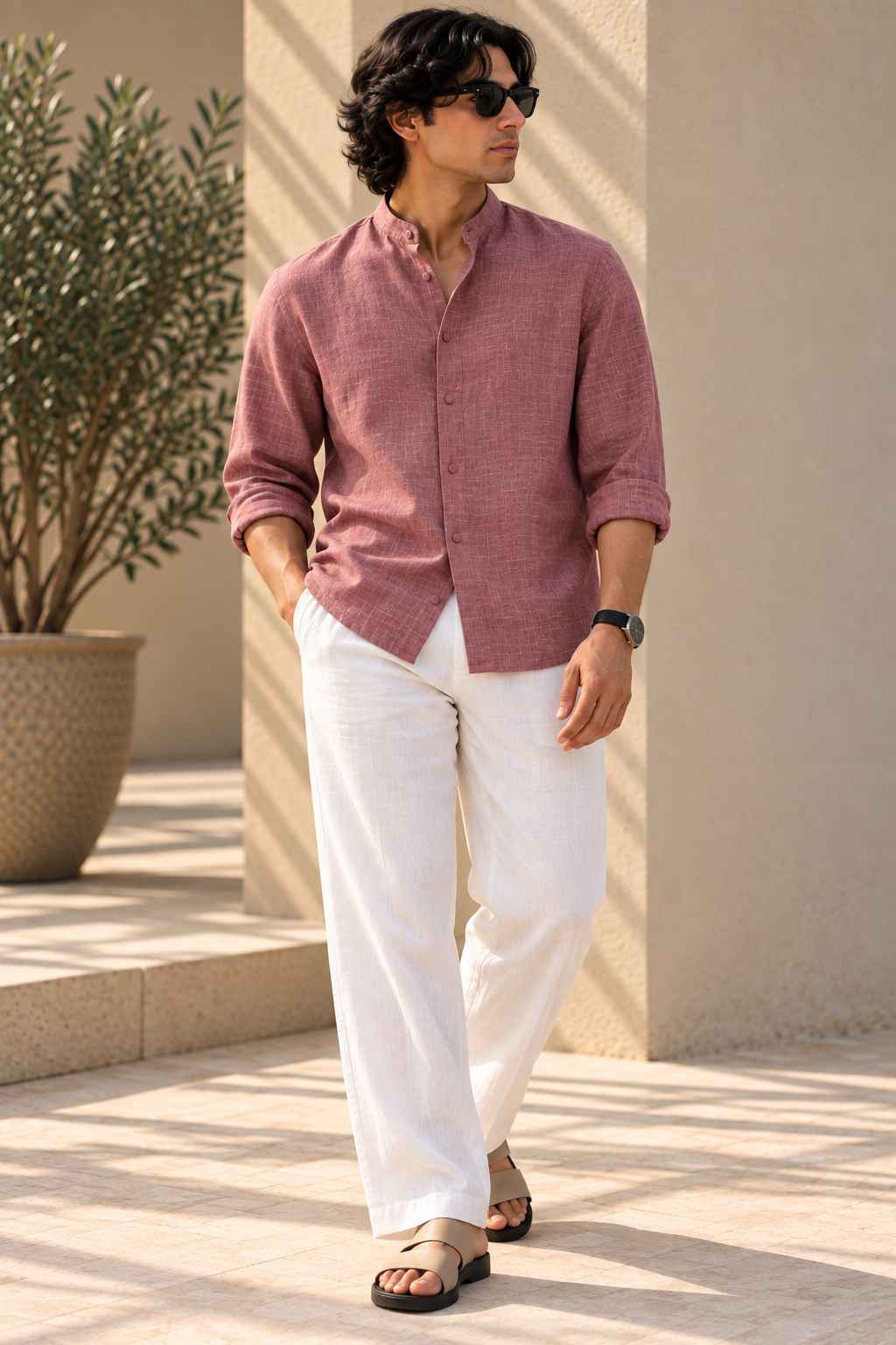 Dusty Mauve Pure Linen Shirt - Mandarin Collar