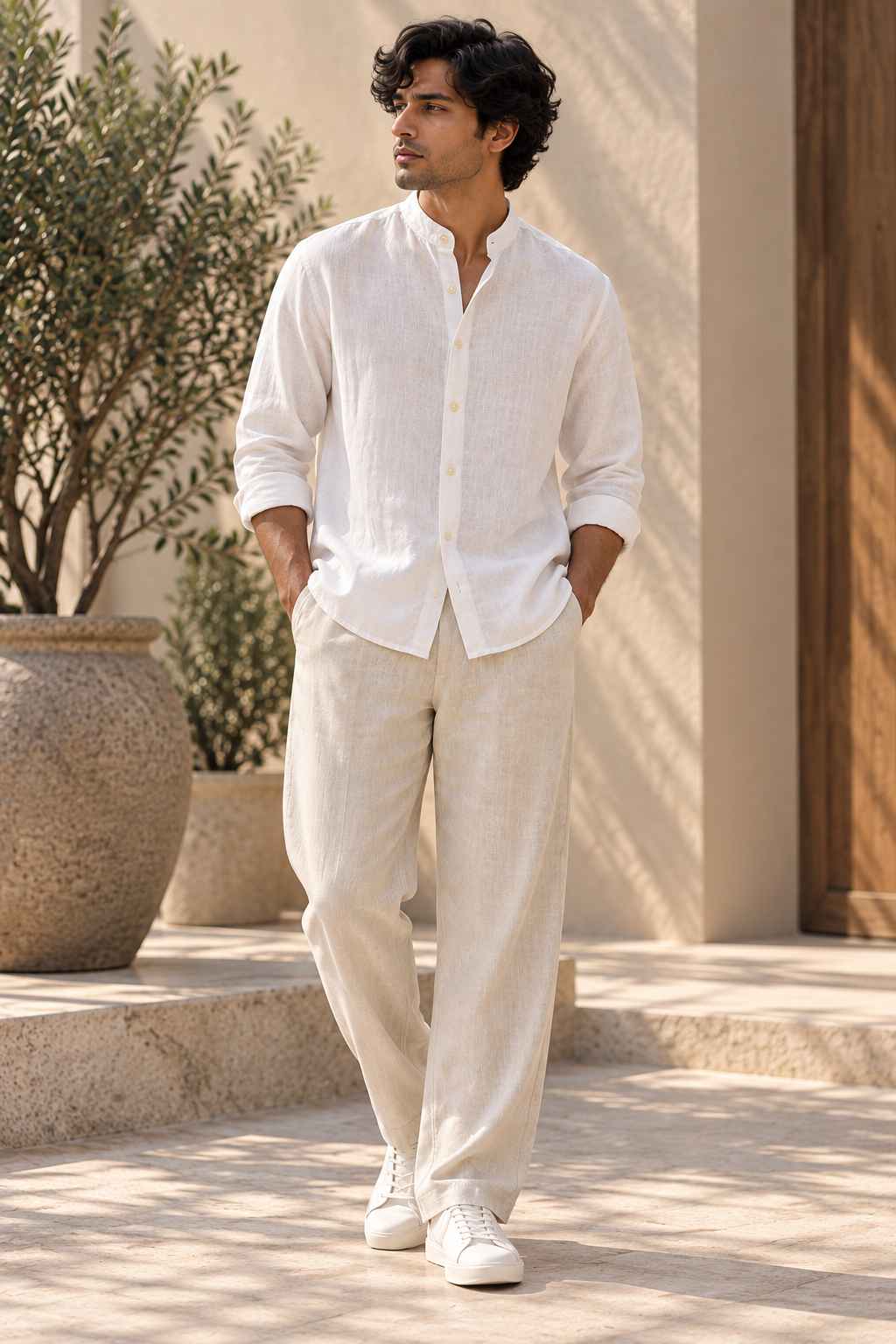 White Pure Linen Shirt - Mandarin Collar