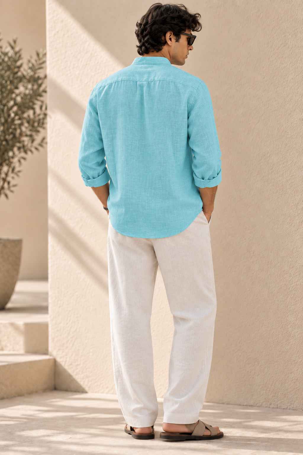 Turquoise Pure Linen Shirt - Mandarin Collar