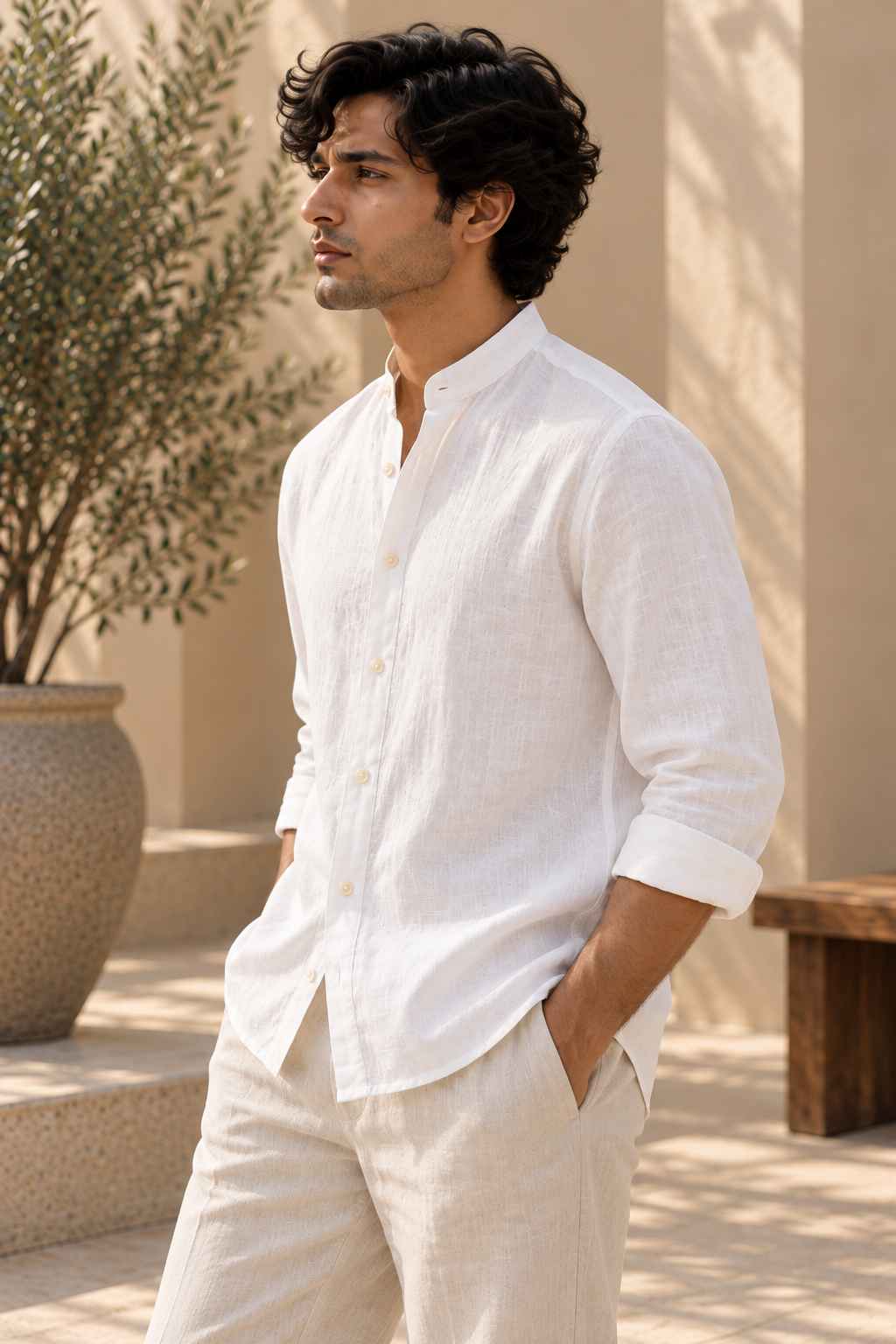 White Pure Linen Shirt - Mandarin Collar