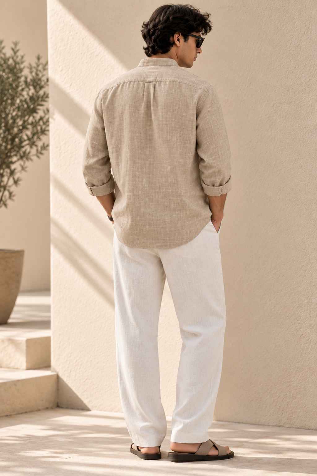 Beige Pure Linen Shirt - Mandarin Collar