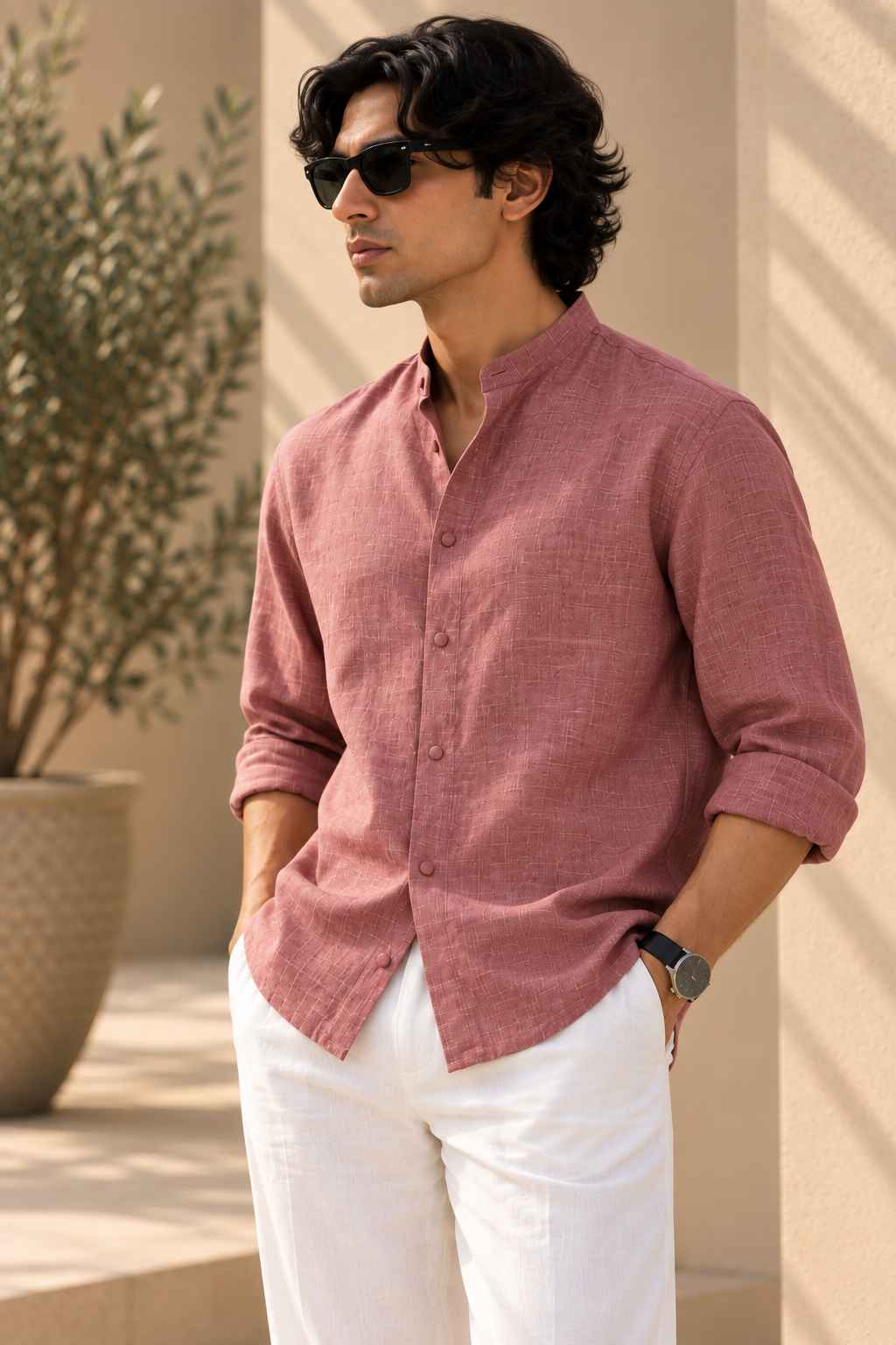 Dusty Mauve Pure Linen Shirt - Mandarin Collar