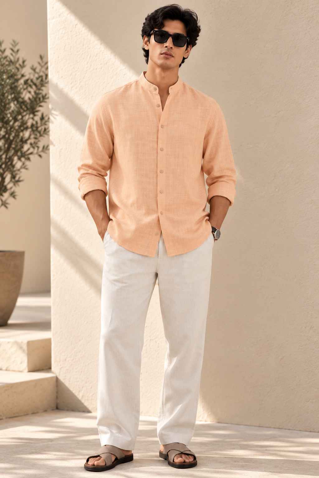 Peach Pure Linen Shirt - Mandarin Collar