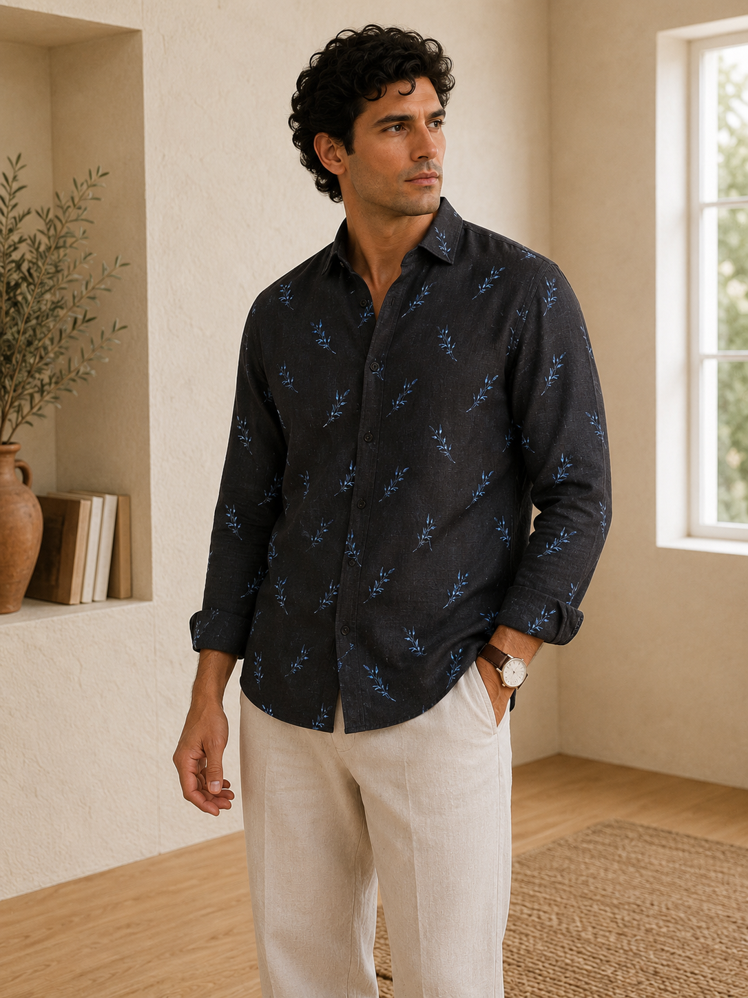 Man wearing a dark patterned shirt and light pants in a room with a window and plant.