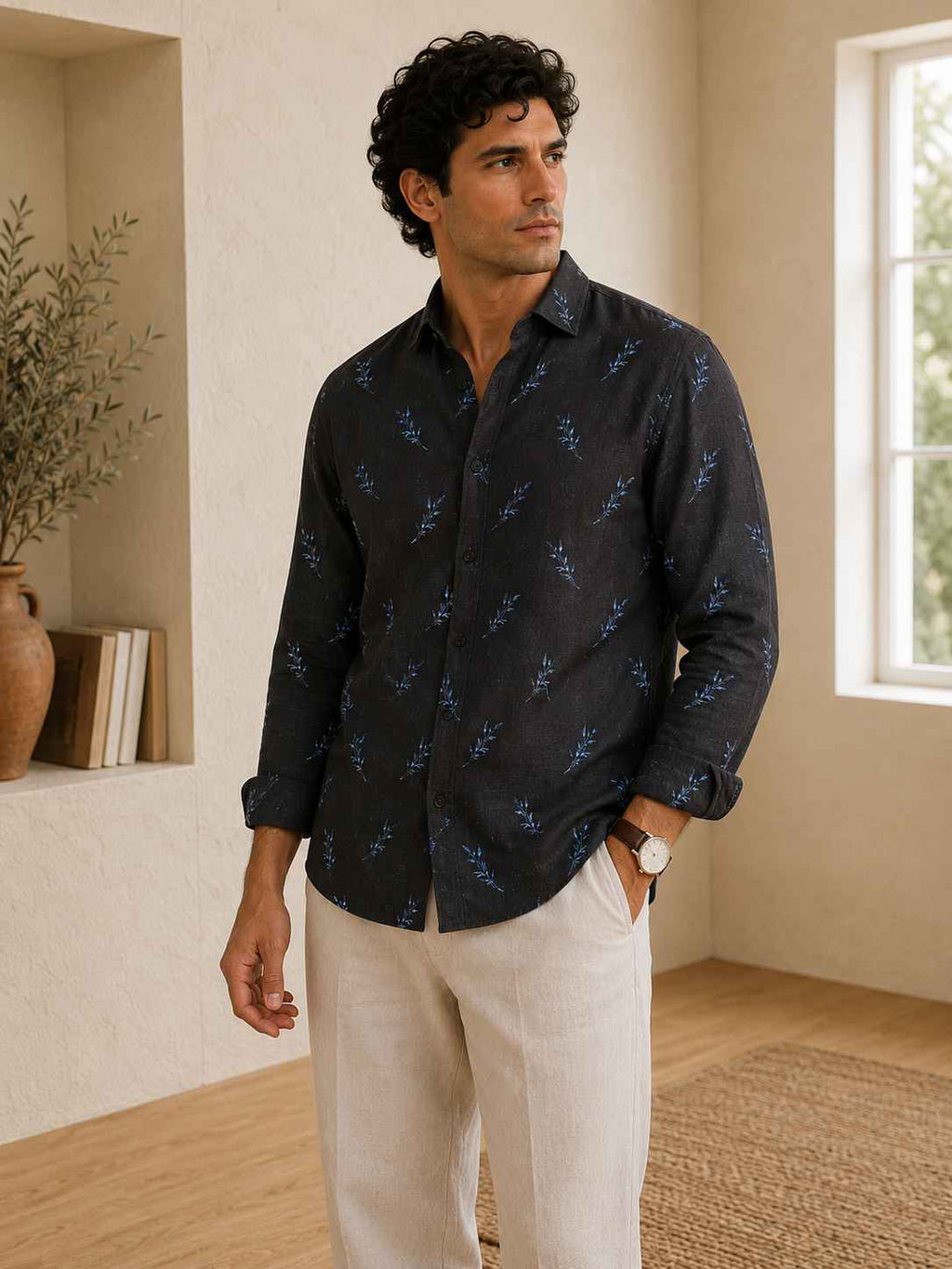 Man wearing a dark patterned shirt and light pants in a room with a window and plant.