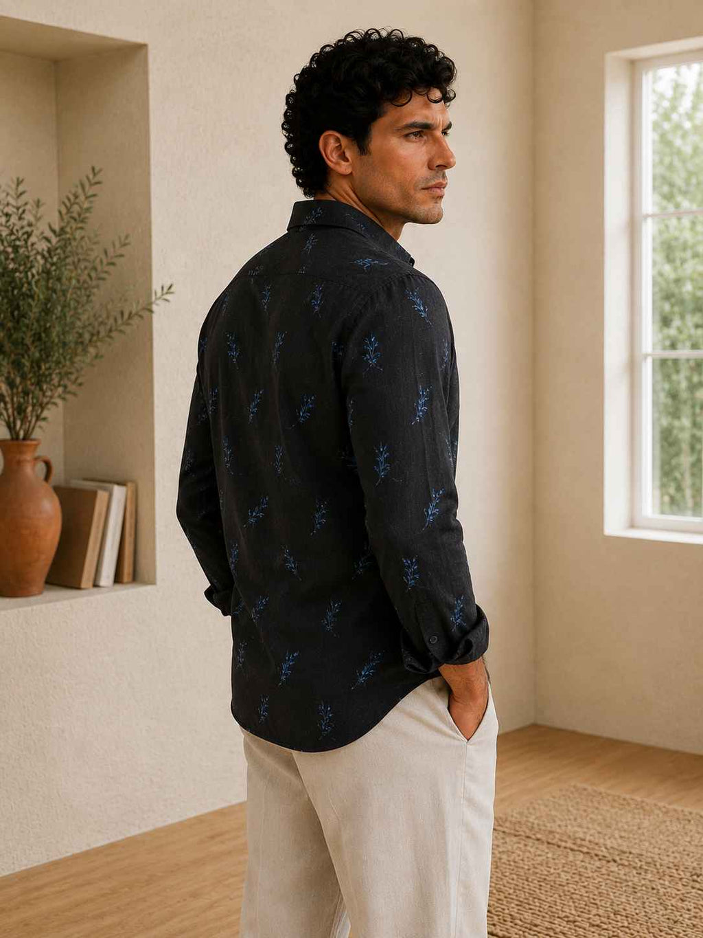 Man wearing a black patterned shirt and beige pants standing in a room with a window and plant.