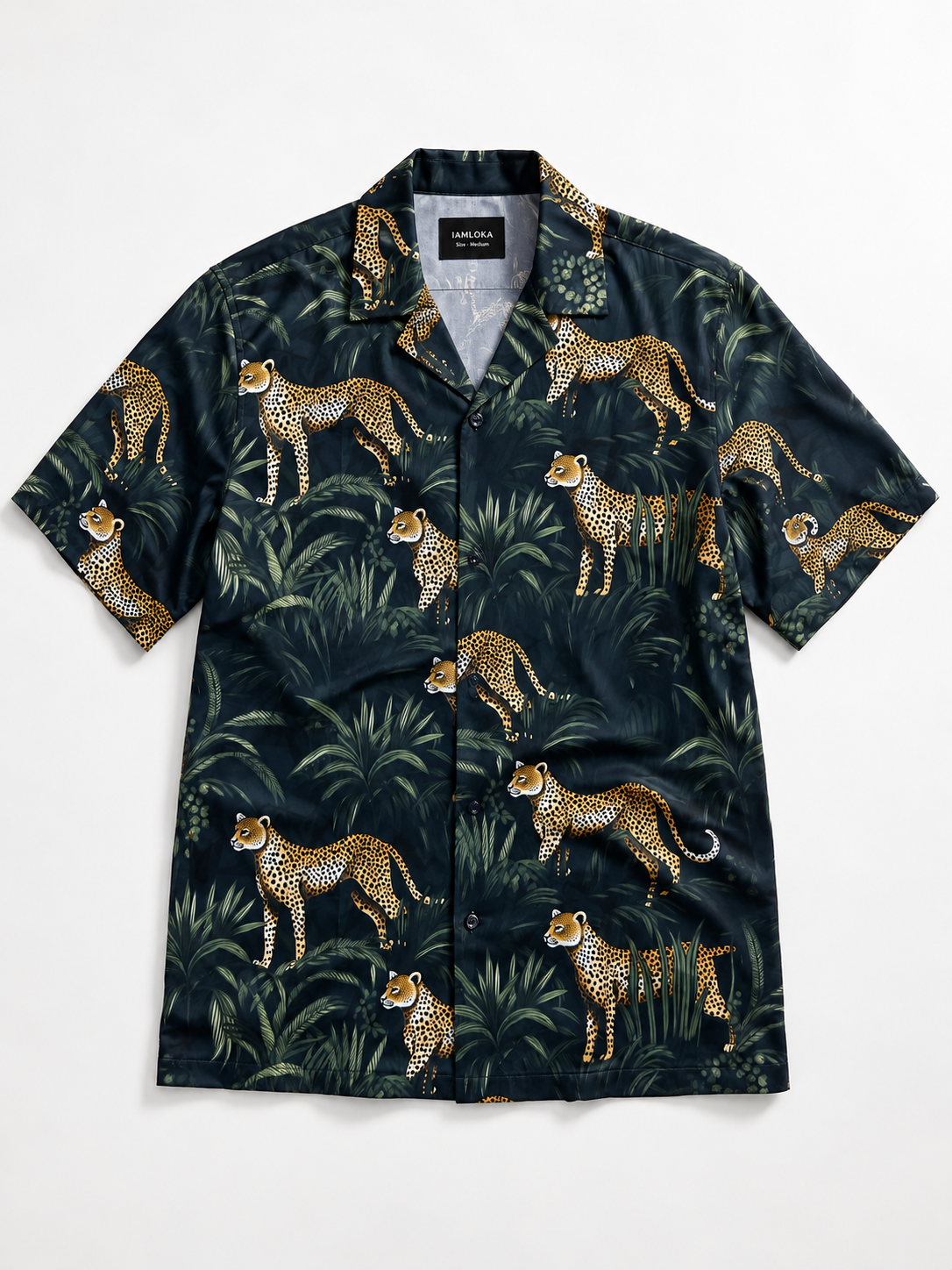 Short-sleeve shirt with cheetah and jungle leaf pattern on a white background