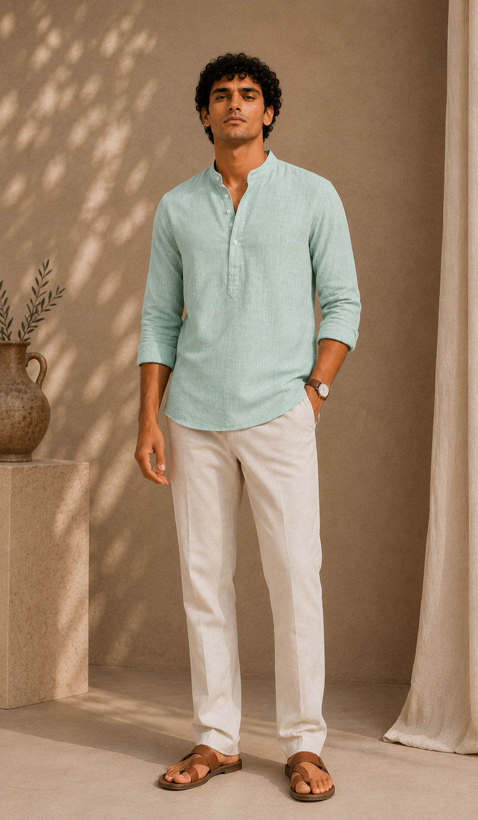 Mint Haven Linen Kurta Shirt - Mandarin Collar