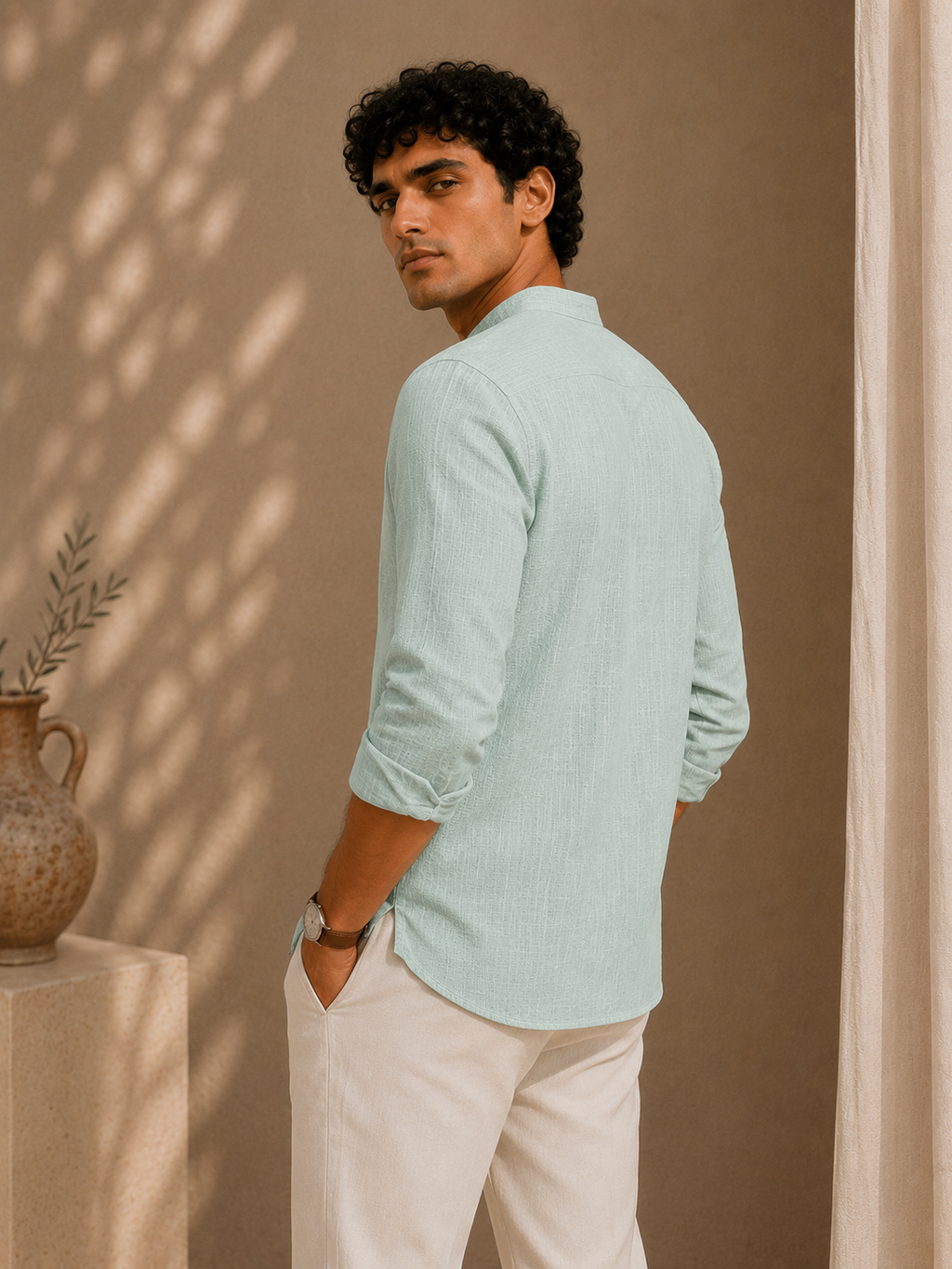 Mint Haven Linen Kurta Shirt - Mandarin Collar