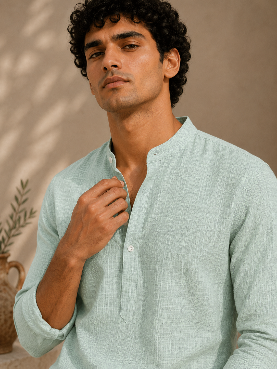 Mint Haven Linen Kurta Shirt - Mandarin Collar
