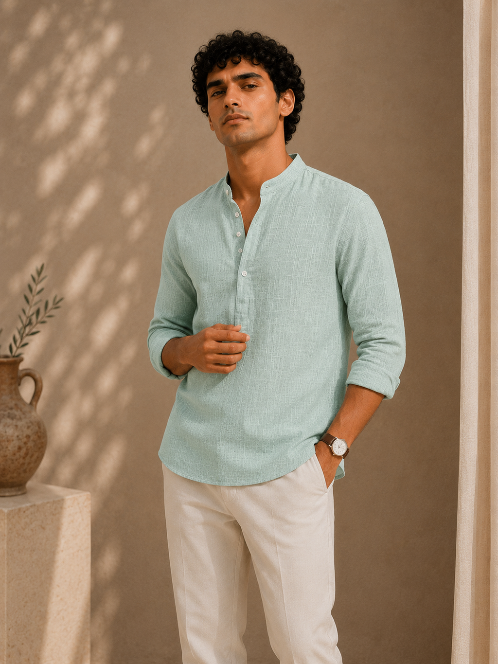 Mint Haven Linen Kurta Shirt - Mandarin Collar