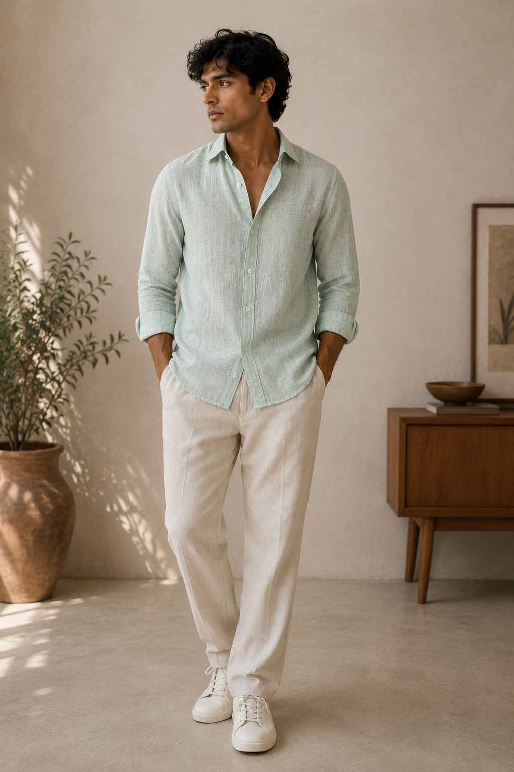 A man wearing a light sage green linen button-down shirt, off-white linen trousers, and white sneakers, standing in a warm, minimalist room with a wooden sideboard and potted plants.