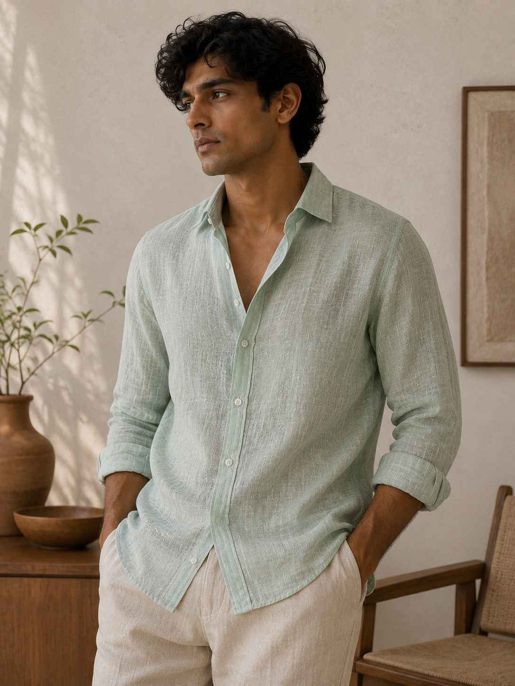 A man wearing a light sage green linen button-down shirt and cream linen trousers, standing in a warm, rustic room with a wooden table, potted plant, and chair.