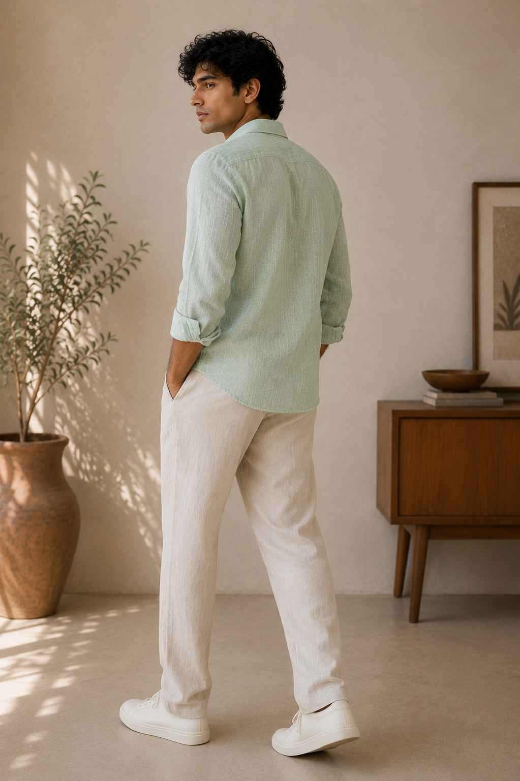 A man wearing a light sage green linen button-down shirt and off-white linen trousers, standing in a warm, sunlit room with a wooden cabinet and potted plant in the background.