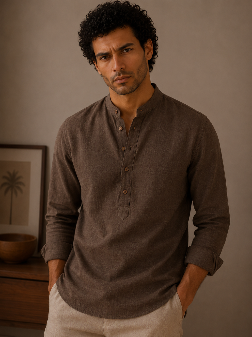 Man wearing a brown long-sleeve shirt against a neutral background