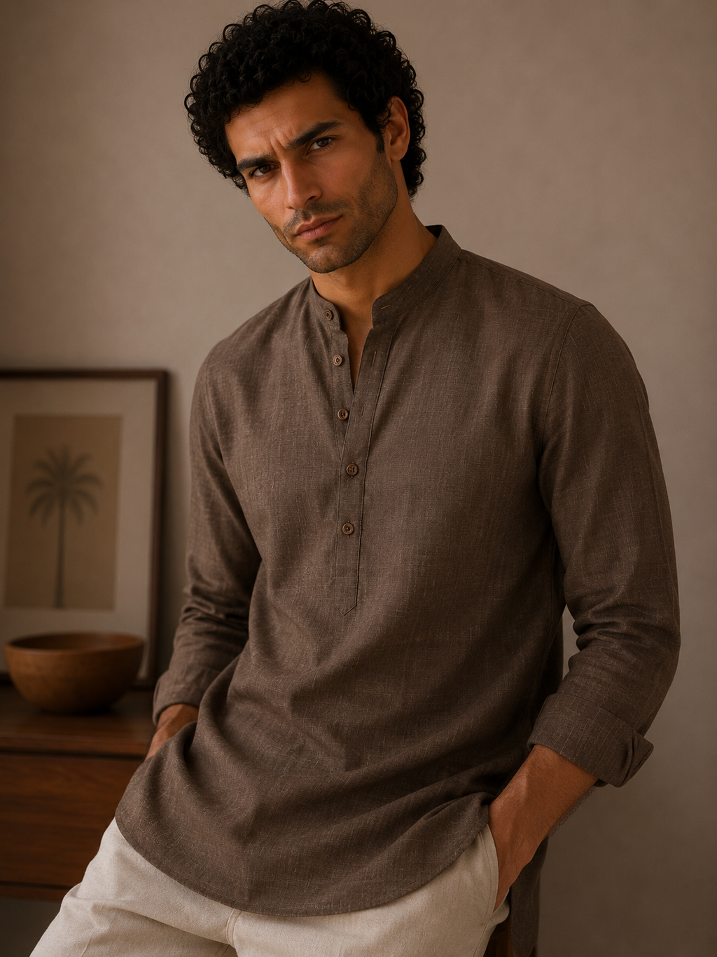 Mocha Brown Linen Kurta Shirt - Mandarin Collar