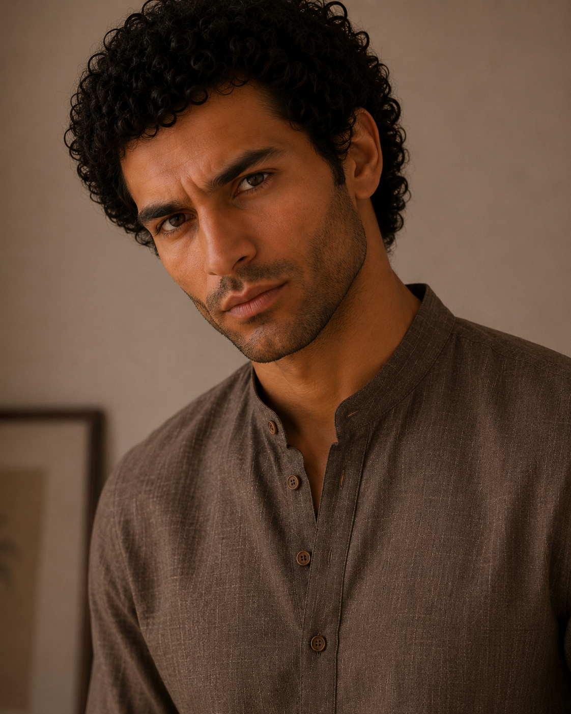 Mocha Brown Linen Kurta Shirt - Mandarin Collar