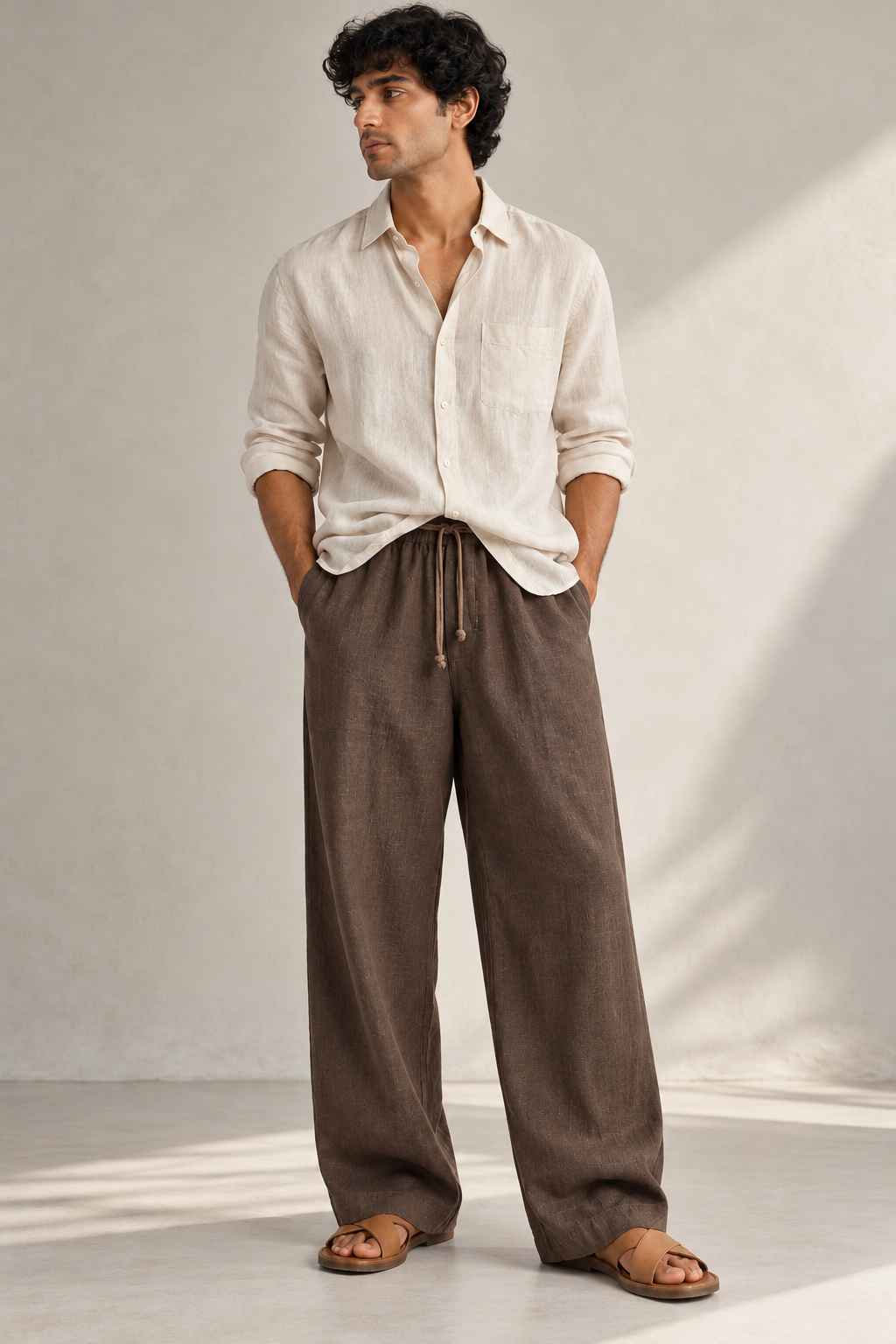 Mocha Brown Pure Linen Pants - Relaxed Fit