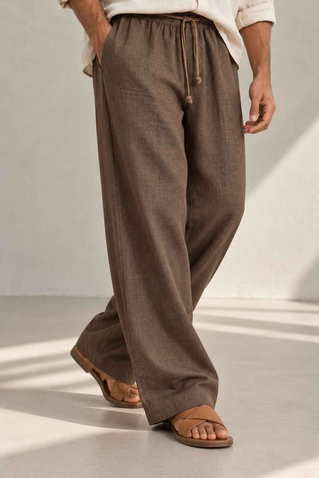 Mocha Brown Pure Linen Pants - Relaxed Fit
