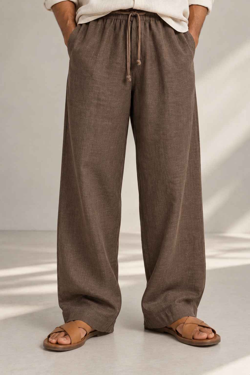 Mocha Brown Pure Linen Pants - Relaxed Fit