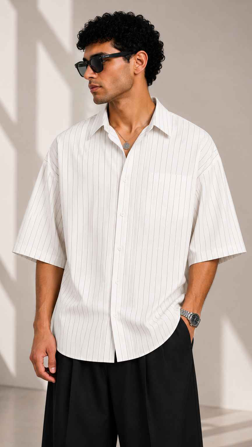 Man wearing a white striped shirt and black pants against a beige background