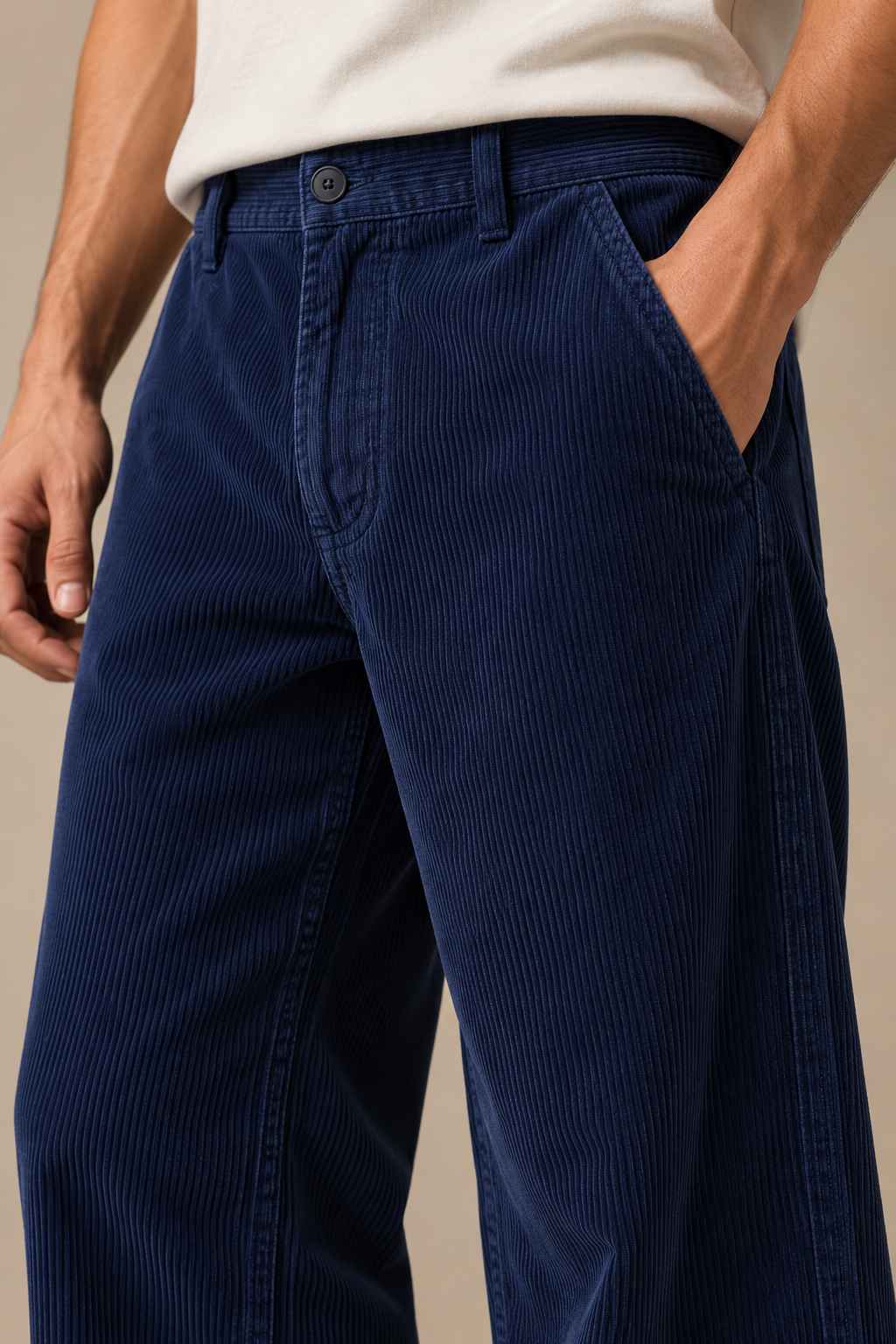 A close-up of a person wearing dark navy corduroy trousers with a cream-colored t-shirt, set against a plain beige background.