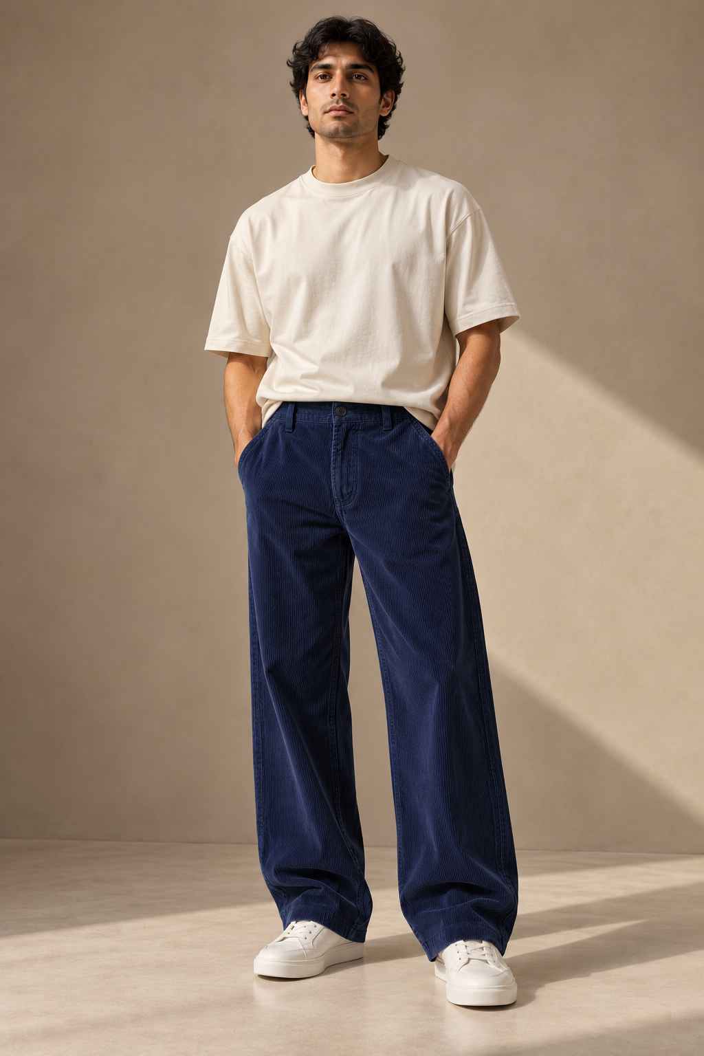 A man wearing a cream t-shirt, navy blue wide-leg corduroy pants, and white sneakers, standing against a textured beige wall.