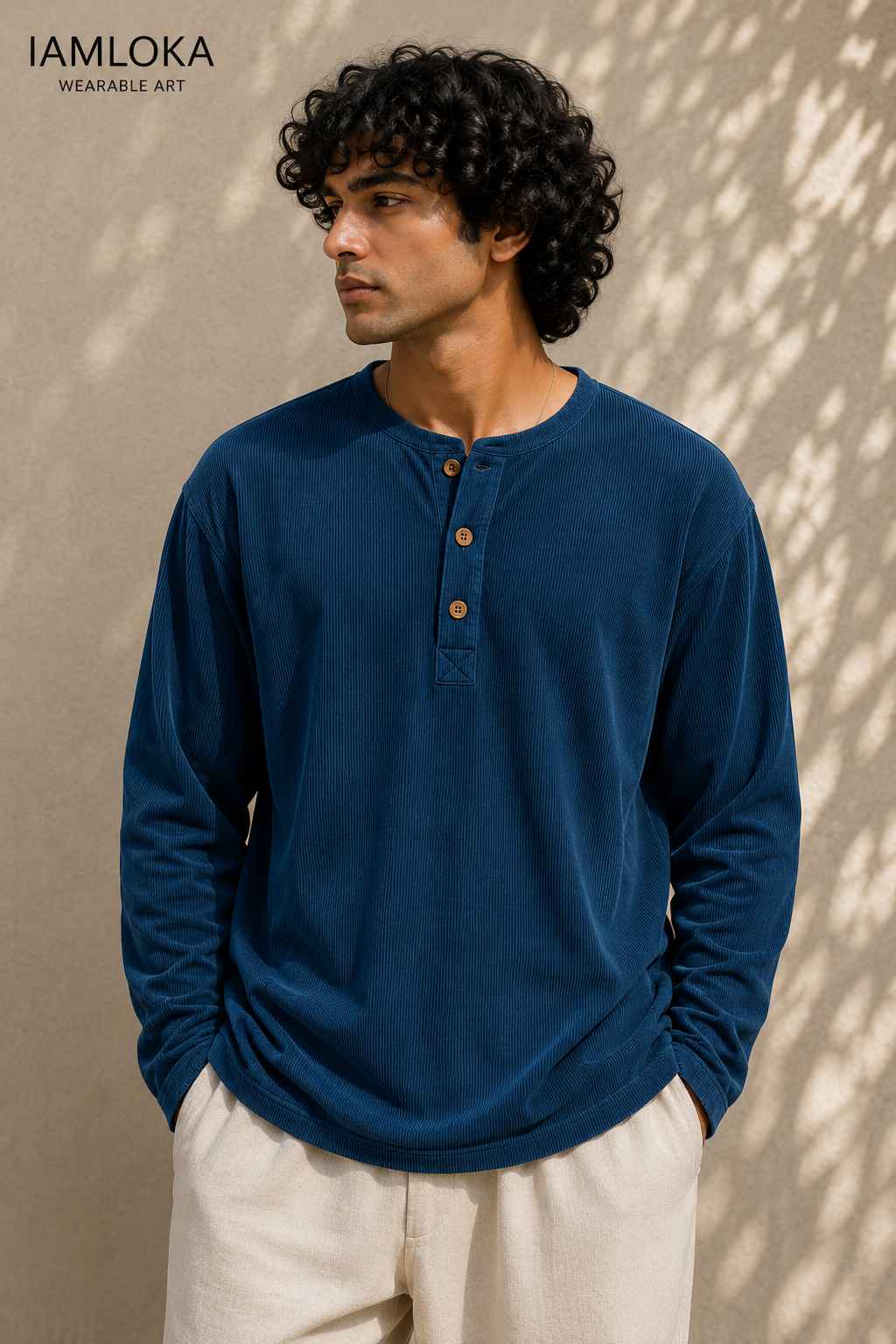 Navy Blue Henley T-Shirt - Textured Cotton