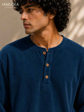 Navy Blue Henley T-Shirt - Textured Cotton