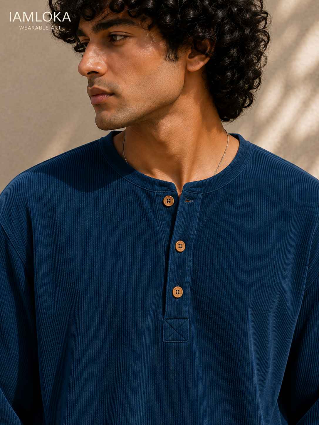 Navy Blue Henley T-Shirt - Textured Cotton