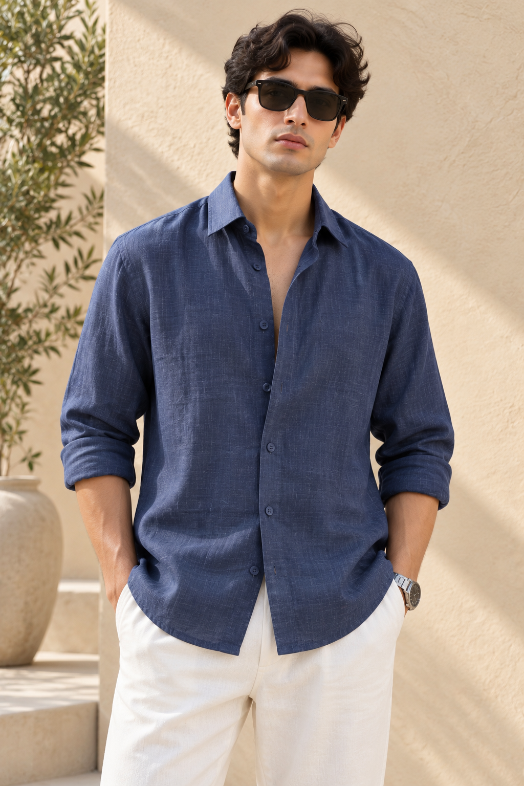 Navy Blue Linen Shirt