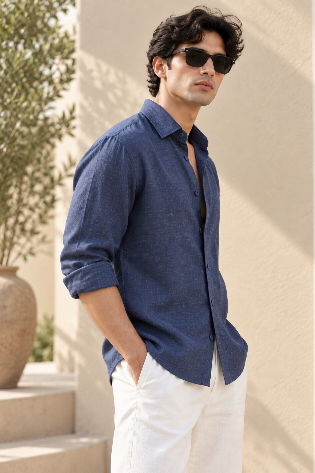 Navy Blue Linen Shirt