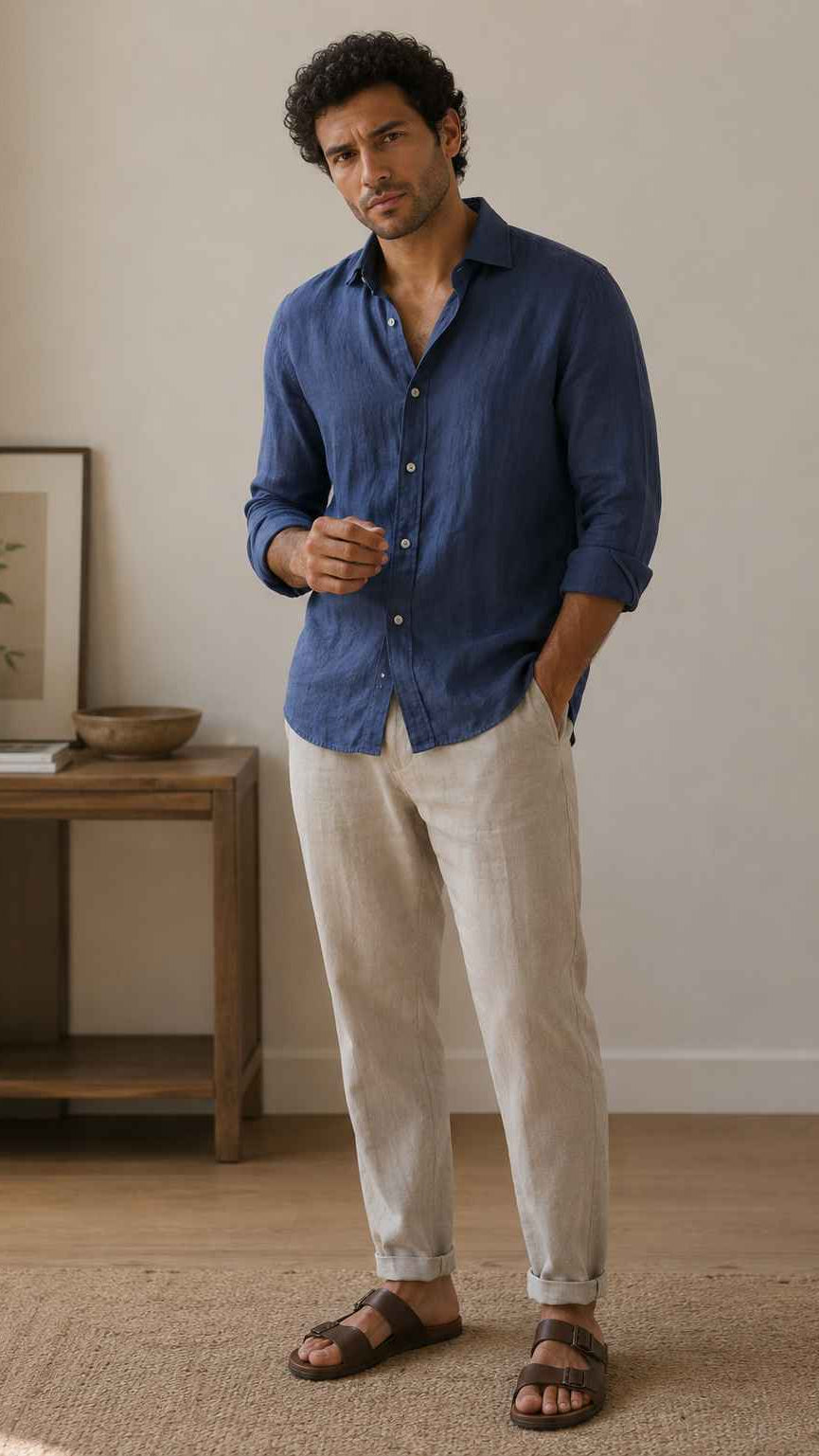 Man wearing a blue shirt and beige pants standing in a room with a wooden shelf and plant.