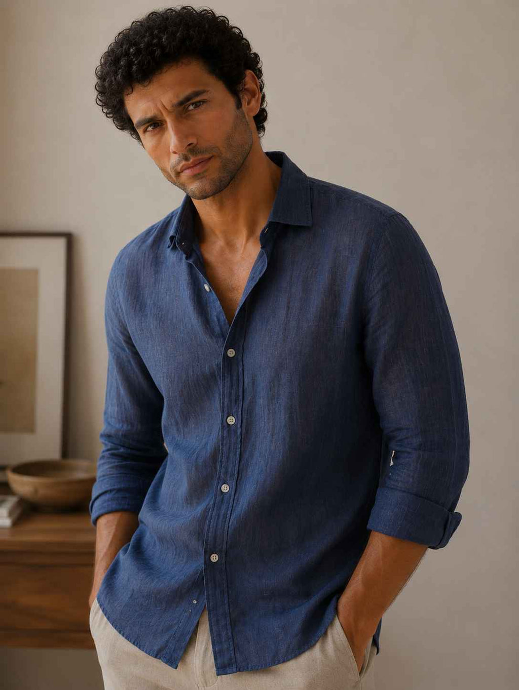 Man wearing a blue shirt standing indoors with a neutral background