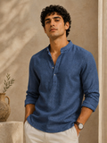 Navy Blue Linen Kurta Shirt - Mandarin Collar