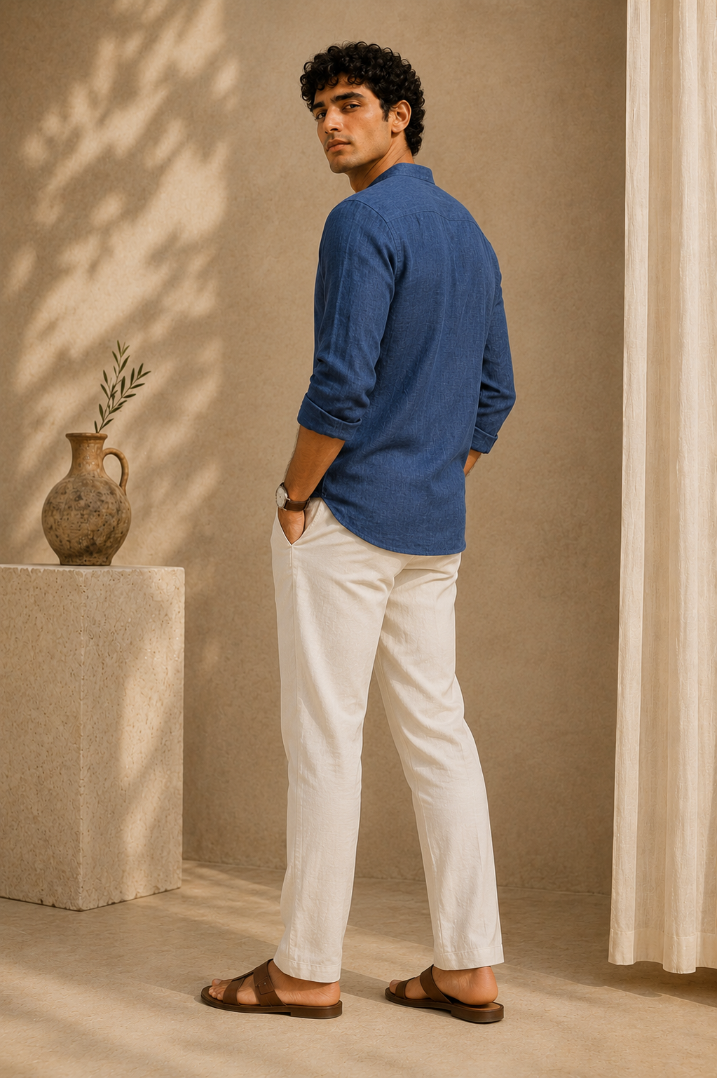 Man wearing a blue shirt and white pants standing in a room with a beige wall and a plant on a pedestal.